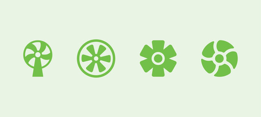 Set of fan icons with light green color, various styles for cooling, air and ventilation concepts.