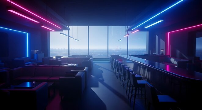 Modern bar lounge with neon lighting and panoramic city view backdrop