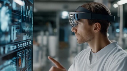 A man wearing a virtual reality headset is pointing at a computer screen. engineer wearing AR glasses analyzing AI data projections in futuristic lab,superintelligence labs - Powered by Adobe