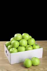 Fresh Green Apples in Wooden Crate - Organic Fruit Harvest Display