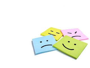 Happy, neutral, and sad emoji on sticky note. mental health concept mood swings, depression, and bipolar disorder