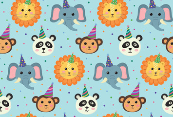 Fototapeta premium Seamless pattern with cute animal faces. Lion, elephant, monkey, and panda with birthday hats on blue background