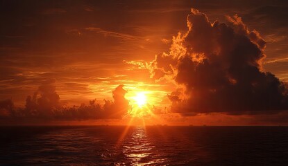 Dramatic sunset over ocean, fiery clouds