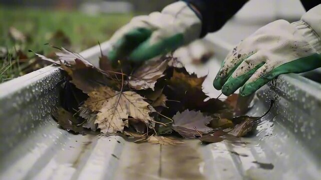 Cleaning Gutters Removing Autumn Leaves for Efficient Drainage