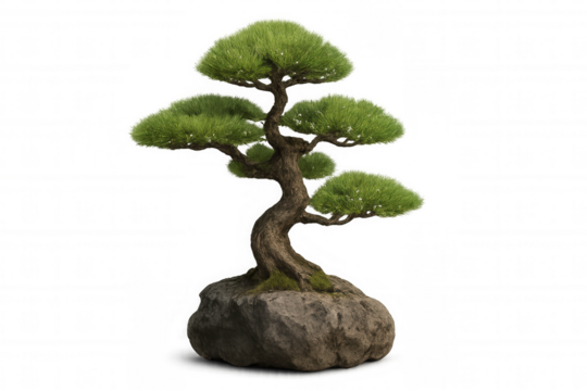 Small bonsai tree growing on a rock with transparent background, perfect for image editing and compositions