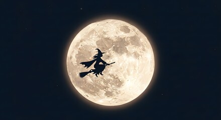Silhouette of a witch on a broomstick flying in front of a full moon.