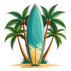 A vibrant tropical sunset paints the sky over a serene beach, with palm tree silhouettes swaying against the colorful backdrop of the sea