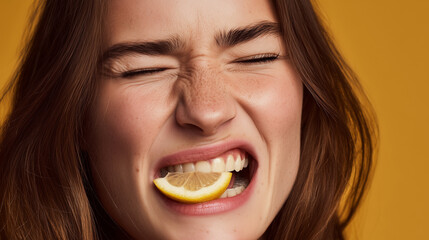 Closeup front view portrait of Caucasian young woman with long brown hair biting into a lemon slice with her face and eyes twisted in reaction, concept for taste and the intensity of sour