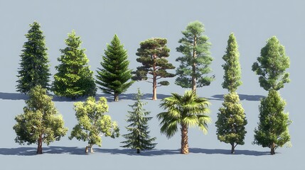 Collection of diverse coniferous and deciduous trees rendered in realistic 3d models on a neutral background