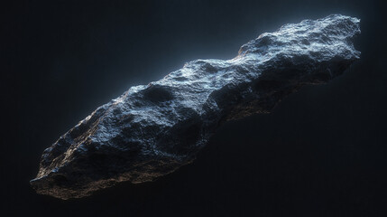 Closeup of asteroid or comet with long shape in interstellar space on dark background with faint stars