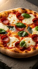 Delicious Pepperoni Pizza with Fresh Basil on Stone Surface.
