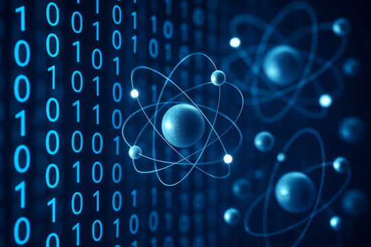 Abstract digital background with binary code and atomic structure illustration, concept for technology and quantum computing