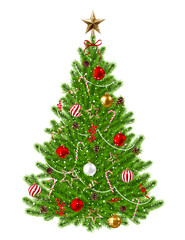 Realistic Christmas tree isolated, decoration, ball, garland