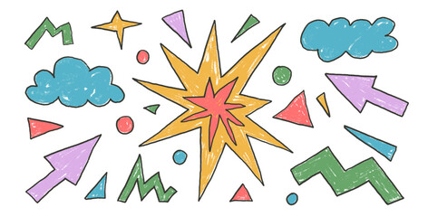 Vibrant abstract geometric elements crayon drawn set. Arrow, clouds and star with triangles doodle shapes on white background. Kindergarten naive figures. Vector childish scribble graphic wax crayon i
