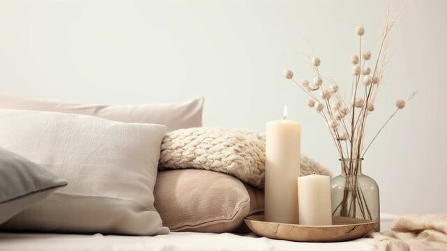 Stylish scandinavian bedroom interior with decor. Beige tones.
