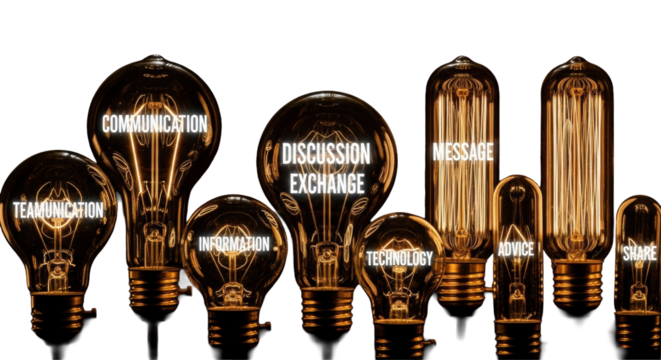Multiple, glowing vintage Edison bulbs, clear glass, warm filaments, brass bases, with luminous white words 'Communication', 'Teamwork', 'Discussion', 'Exchange', 'Message', 'Information', 'Advice',