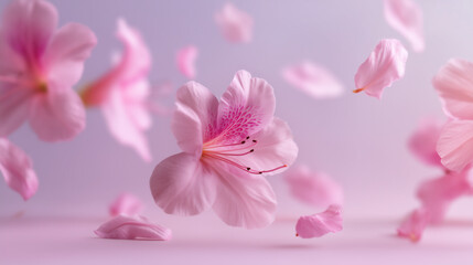 Delicate Pink Azalea Blossoms with Falling Petals in Soft Pastel Background. Generative AI.