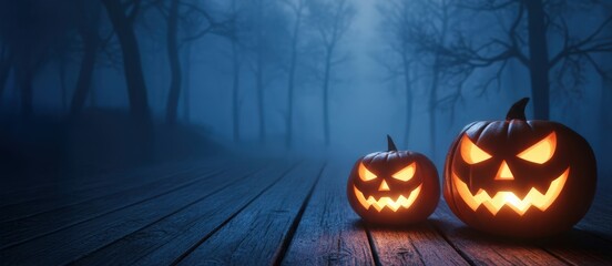 Two carved pumpkins with sinister expressions are illuminated in a dark, foggy forest, creating a spooky atmosphere for Halloween celebrations and autumn festivities