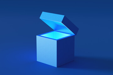 Open blue gift box emitting light on a dark blue background