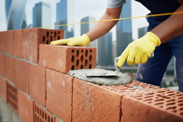 Skilled construction worker laying bricks with precision, using trowel and mortar, in a modern urban setting, showcasing craftsmanship and dedication to building