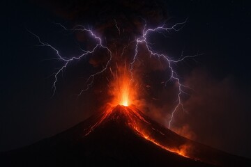 Dramatic volcanic eruption with spectacular volcanic lightning (dirty thunderstorm) and lava flows at night.