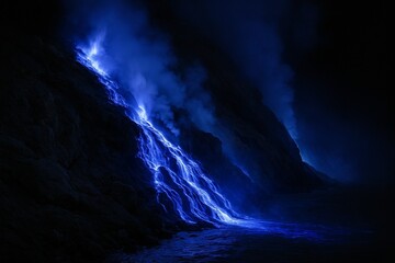 Mystical blue lava-like flames from sulfuric gas combustion at Kawah Ijen volcano at night.