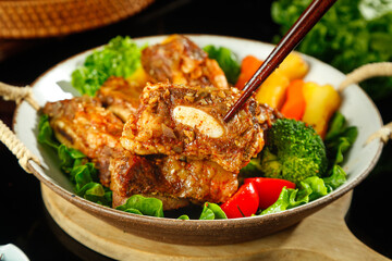 Grilled Lamb Chops with Vegetables Presented in Rustic Wooden Bowl - Gourmet Restaurant Meal