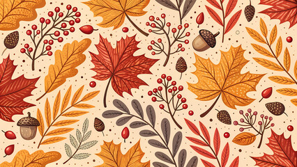 Fototapeta premium Autumn leaves in orange, red, and yellow scatter with berries and acorns on a light background