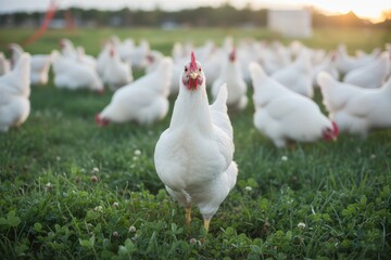 Fototapeta premium White chicken standing prominently in a green field surrounded by other chickens, showcasing farm life and natural environment with vibrant sunset in the background