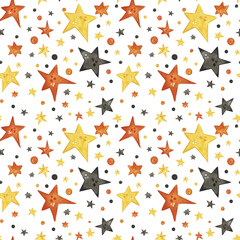Seamless pattern of confetti and stars yellow, orange and black. Halloween holiday. Watercolor illustration hand drawn. Drawing for paper, textile, invitations. background, night, october