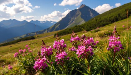 Obraz premium A vibrant mountainous landscape. Pink wildflowers in the foreground and a grassy hillside slope towards the majestic peaks. A clear blue sky dotted with clouds completes the scene