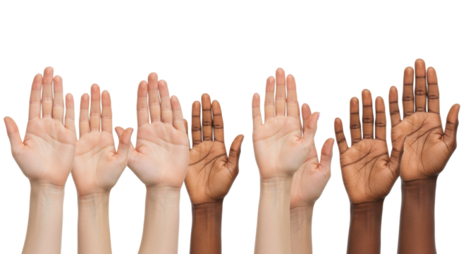 Six diverse adult hands (light, medium, dark skin, one with pink nails), palms open, side-by-side on white copy space, high-key light, concept of cultural diversity and unity
