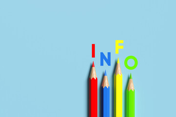 Colored pencils forming the word info on a blue background