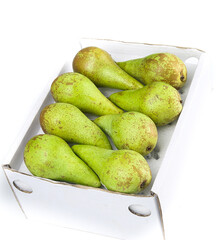 Fresh Green Pears in White Box - Premium Imported Fruit on White Background