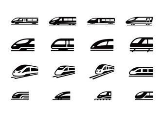 Set of train icons, various styles of locomotives and high-speed trains for transportation and travel concepts. © Zhangxiao