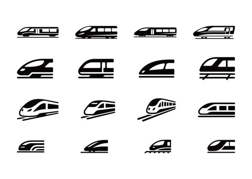Set of train icons, various styles of locomotives and high-speed trains for transportation and travel concepts.