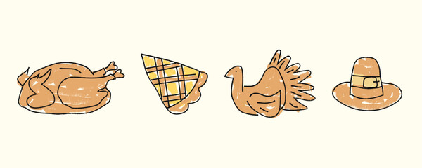 Whimsical hand drawn set of roast turkey, live turkey, pie slice, and pilgrim hat in doodle sketch style with marker texture, rustic cottagecore holiday aesthetic. Flat vector illustration isolated.