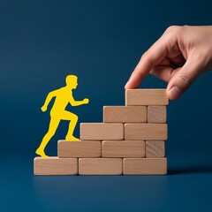 Climbing to Success: A person shaped icon ascend a wooden block staircase being guided by a helping hand, symbolizing growth and progression towards goals.