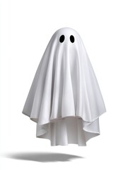 Visually striking photography, commercial poster of a robot dressed as a ghost standing on an isolated spot on white background, faint shadow behind suggesting movement,