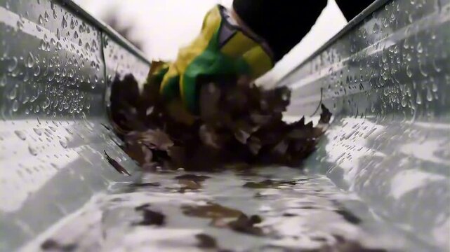 Close-up of gloved hands diligently performing crucial seasonal home maintenance, clearing a residential gutter of accumulated autumn leaves and debris to prevent blockages