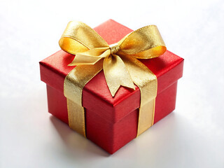 Obraz premium A beautifully wrapped red gift box with a shimmering golden bow, isolated on white background