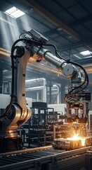 Industrial Robot Arm Welding in a Factory Setting with Sparks.