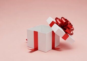 Unveiling Surprise: A crisp white gift box, tied with a vibrant red ribbon, elegantly opened against a soft pastel backdrop. Reveals the anticipation of a special occasion. 