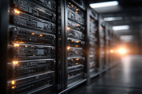A dimly lit data center featuring rows of server racks with blinking lights, showcasing the infrastructure of modern computing and data storage technology.