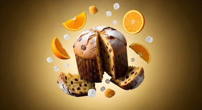 A whole and sliced panettone with floating orange slices and sugar cubes