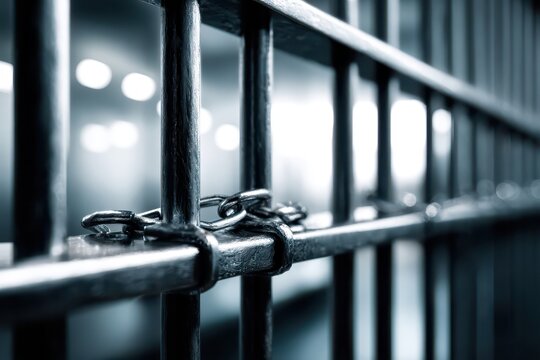 A cold metal prison cell with iron bars and a chain, representing confinement, incarceration, and the justice system's somber reality and consequence.