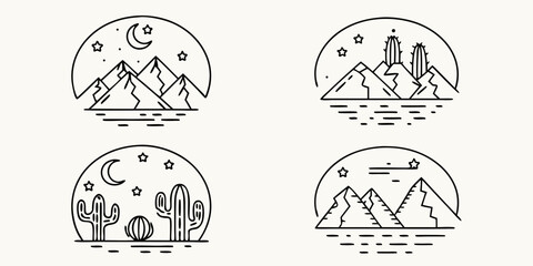 Minimalist line art collection of desert landscapes with mountains cacti moon and stars