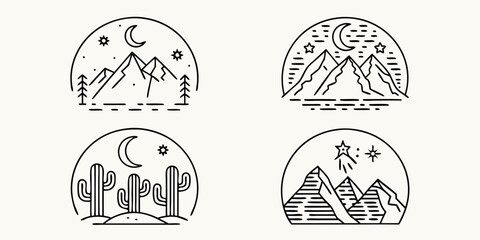 Collection of minimalist line art icons representing nature scenes with mountains cacti moon and stars