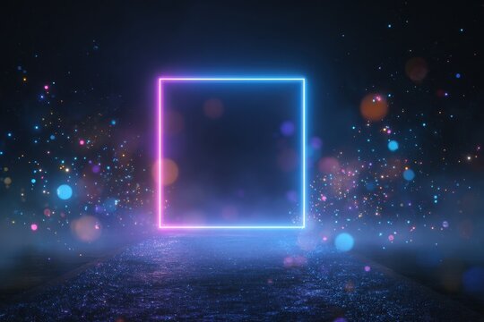 a square neon light box glowing in the dark, surrounded by colorful lights and glowing with blue and purple hues. the background is an abstract digital space filled with floating.