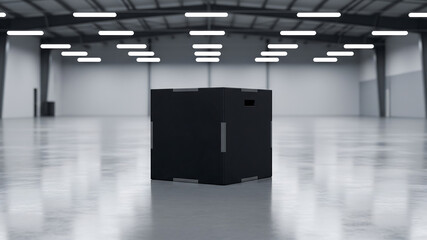 Black Box in Modern Empty Warehouse for Storage and Logistics